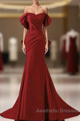 Wine Red Off Shoulder Mermaid Long Party Dresses, Wine Red Evening Dresses Evening Prom Dresses